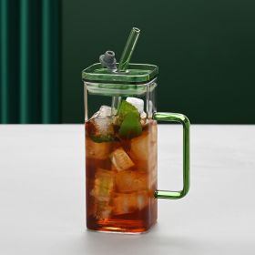1 Pcs Green Glass Straw Cup, 6 Colors Square Glass Cup With Straw And Lid, High Borosilicate Glass Cup, Milk Cup, Juice Cup, Cold Drink Cup (Color: Green)